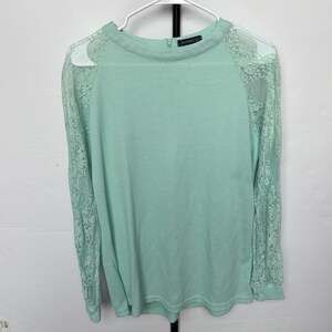 MIHOLL Women's Mint Green Waffle Knit Long Sleeve Top with Lace Sleeves Large